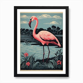 Vintage Bird Linocut Greater Flamingo 2 Art Print