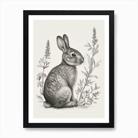 English Silver Blockprint Rabbit Illustration 1 Art Print