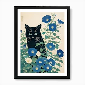 Cat In Blue Flowers 1 Art Print