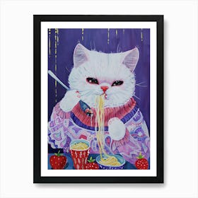 Cute White Cat Pasta Lover Folk Illustration 4 Art Print