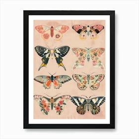 Pink Botanical Butterflies William Morris Style 4 Art Print