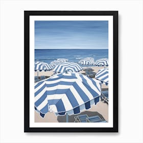 Striped Blue And White Beach Umbrellas In Italy Art Print