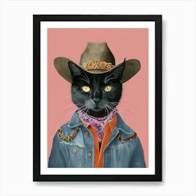 Black Cat Cowboy Quirky Western Print Pet Decor 1 Art Print