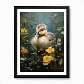 Duckling Swimming In The Pond With Petals 1 Art Print