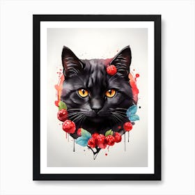 Black Cat With Raspberries Art Print