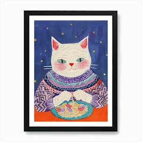 Cosy Cat Pasta Lover Folk Illustration 4 Art Print