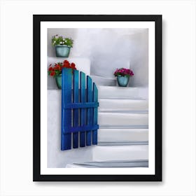 A Little Blue Gate Santorini Art Print