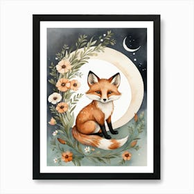 Floral Cute Fox Watercolor Moon Paining (19) Art Print