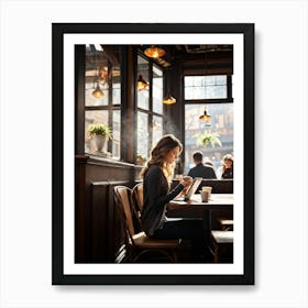 Modern Woman Engrossed In Her Tablet While Seated At A Rustic Wooden Table Inside A Bustling Urban C (2) Art Print