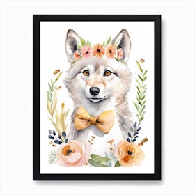 Baby Wolf Flower Crown Bowties Woodland Animal Nursery Decor (2) Art Print