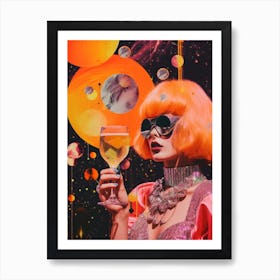 Retro Cocktail Space Lady Collage Art Print