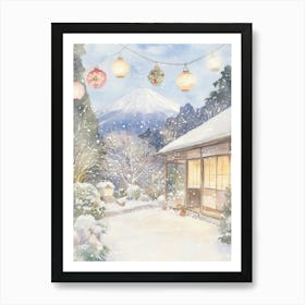 Japanese Christmas Landscape Watercolor Art Print