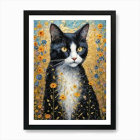 Klimt Style Tuxedo Black Cat in Garden Flowers Meadow Gold Leaf Painting - Gustav Klimt and Monet Waterlillies Inspired Textured Wall Decor - Super Vibrant HD High Resolution Art Print