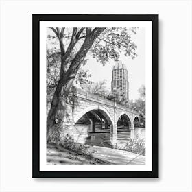 Congress Avenue Bridge Austin Texas Black And White Drawing 1 Affiche