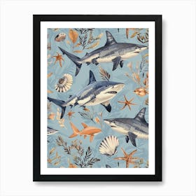 Pastel Blue Pelagic Thresher Watercolour Seascape Pattern 1 Art Print