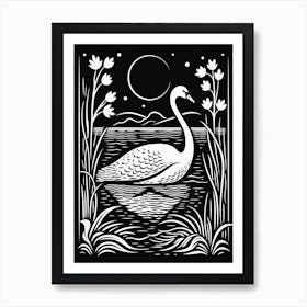 B&W Bird Linocut Swan 1 Poster