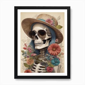 Vintage Floral Skeleton With Hat And Sunglasses (87) Art Print