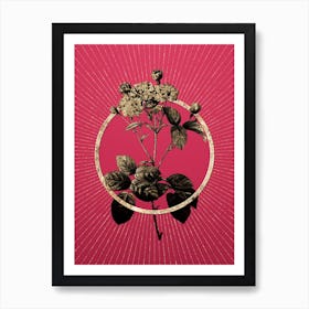 Gold Pink Rosebush Glitter Ring Botanical Art on Viva Magenta Art Print