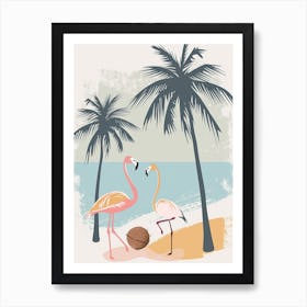 Lesser Flamingo And Coconut Trees Minimalist Illustration 3 Art Print