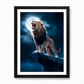 Lion Roaring on the Cliff Painting Art Print