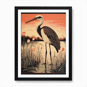 Vintage Bird Linocut Stork 4 Art Print
