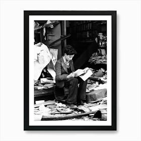 Young Man Reading A Book After Bomb Raid, Vintage Black and White Old Photo Art Print