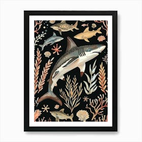 Largetooth Cookiecutter Shark Seascape Black Background Illustration 3 Art Print