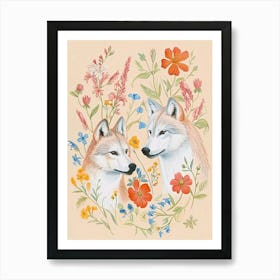 Folksy Floral Animal Drawing Wolf Art Print