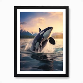 Realistic Orca Whale Diving Out Of Water At Dusk Art Print