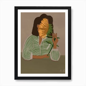 Girl And Sunflower Green Art Print