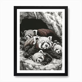 Red Panda Family Sleeping In A Cave Ink Illustration 4 Art Print