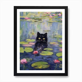 Water Lilies And A Black Cat Inspired By Monet 3 Art Print