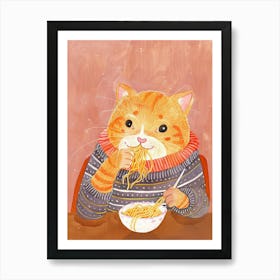 Cute Orange Cat Pasta Lover Folk Illustration 3 Art Print
