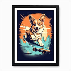 Pembroke Welsh Corgi Dog Skateboarding Illustration 2 Art Print