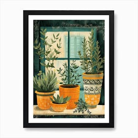 Sweet Illustrations Of Potted Herbs On The Windowsil 1 Art Print