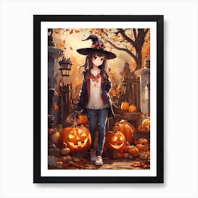 Halloween Girl With Pumpkins 1 Art Print