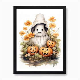 Cute Bedsheet Ghost, Botanical Halloween Watercolour 153 Art Print