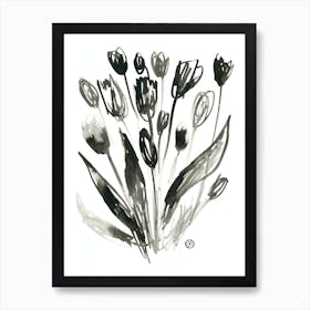 Inked Tulips - black and white minimal minimalist drawing line ink Art Print