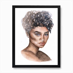 Watercolor portrait of a woman with curly hair Art Print