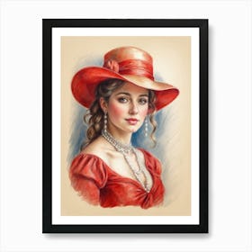 Lady In Red Hat 3 Art Print