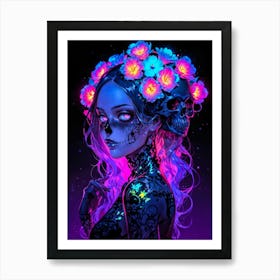 Flower girl from Mexico, La Catrina style. Neon anime girl with skull makeup, celebrating Dia de los Muertos. A beautiful, cute manga woman with Mexican charm. Art Print
