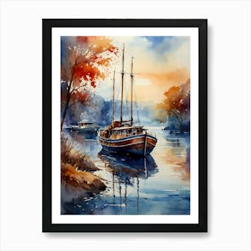 Watercolor Of A Boat On The River Art Print