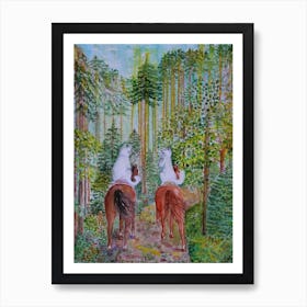 Cats Have Fun Romantic Forest Ride On Horseback Art Print