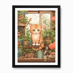 Kawaii Cat Drawings Gardening 1 Art Print