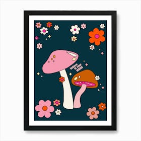 Retro 70s Mushrooms And Flowers Navy Blue Art Print