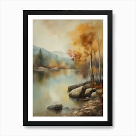 Forest Lake, Autumn Lake, Vintage Oil Painting, Farmhouse Wall Decorations, Antique Landscape, Vintage Landscape Oil Painting.1 3 Art Print