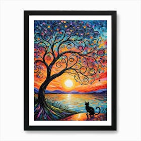 Rainbow Tree - Beautiful Rainbow Mosiac of Whimsical Black Cat Watching the Sun Set Whimsy Kitty Art for Cat Lover, Cat Lady, Chakra Pride Pagan Witch Colorful HD Art Print