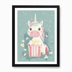 Cute Pastel Unicorn Eating Popcorn Blue Background 3 Art Print