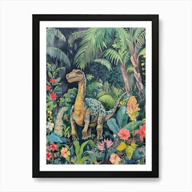 Dinosaur In Tropical Flowers Painting 1 Affiche