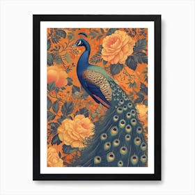 Orange Peacock Floral Wallpaper 3 Art Print